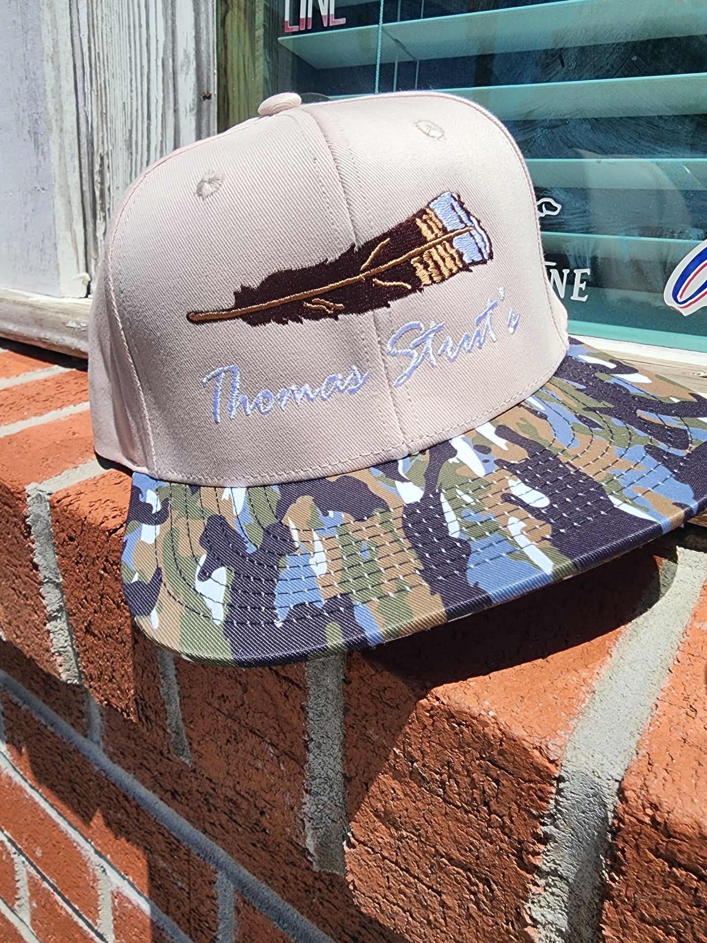 Men's Thomas Strut's Apparel Co. Full Script Feather Trucker Hat-Beige/Pigeon