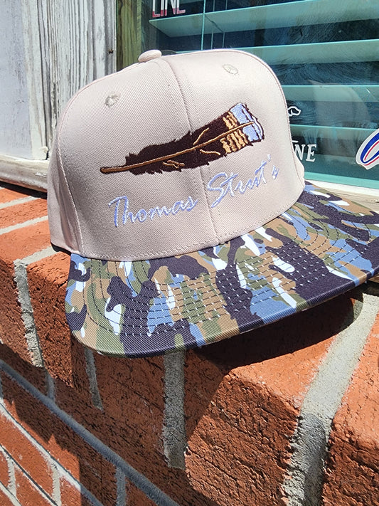 Men's Thomas Strut's Apparel Co. Full Script Feather Trucker Hat-Beige/Pigeon