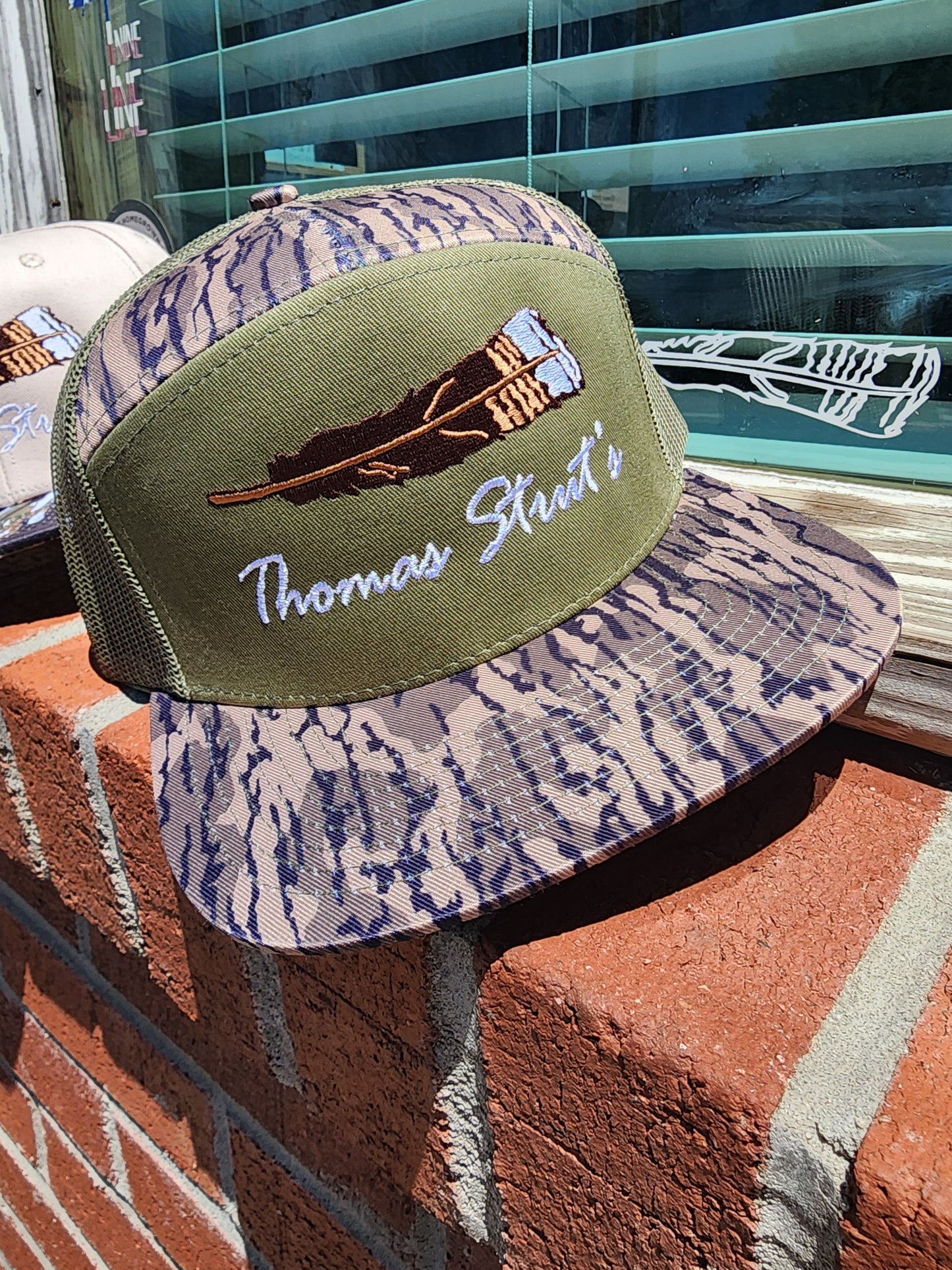 Men's Thomas Strut's Apparel Co. Full Script Feather 7-Panel Hi-Profile Trucker Hat-Bottomlands/Loden