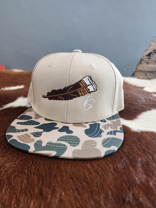 Men's Thomas Strut's Apparel Co. Feather Trucker Hat-Beige/Old School Camo