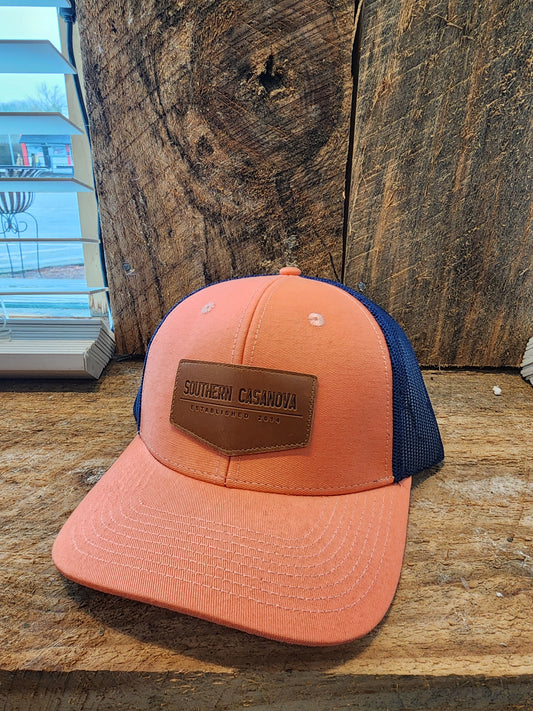 Men's Southern Casanova Leather Patch Trucker Hat-Fresh Salmon/Navy