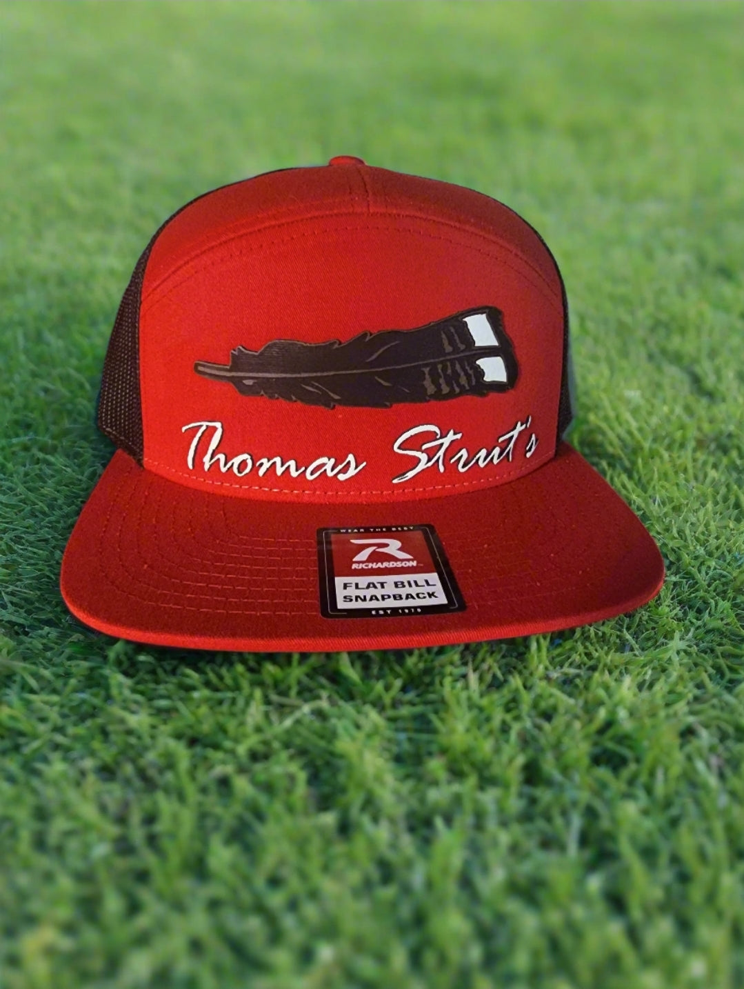 Men's Thomas Strut's Apparel Co. Turkey Script 7-Panel Trucker Hat-Red/Black