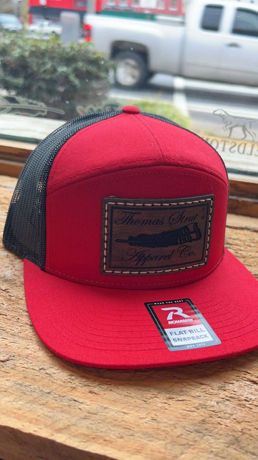 Men's Thomas Strut's Apparel Co. Stitched Leather Patch Hi-Profile Trucker Hat-Red/Black