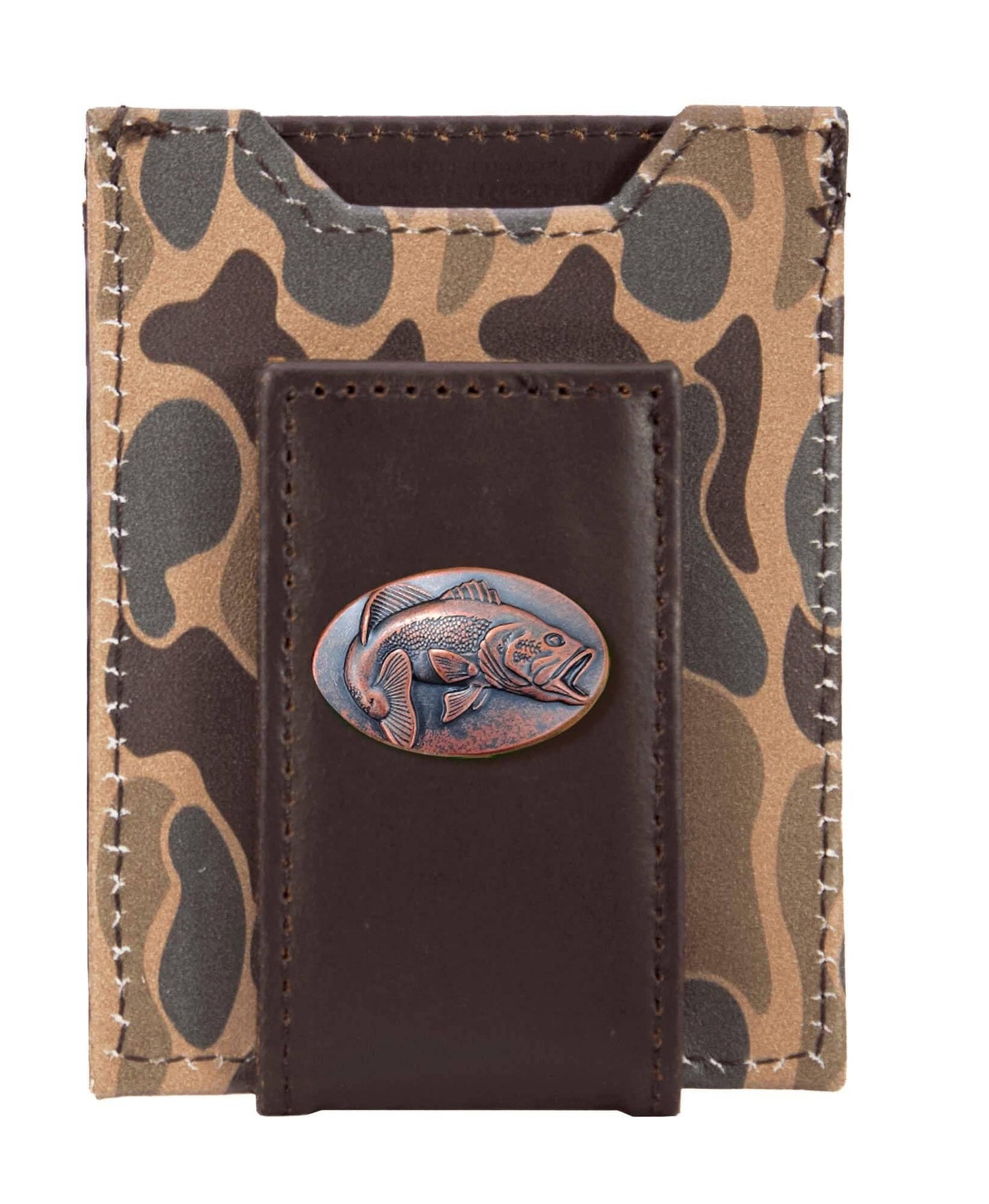 Bass Men's Magnetic Front Pocket Old School Camo Leather Wallet.