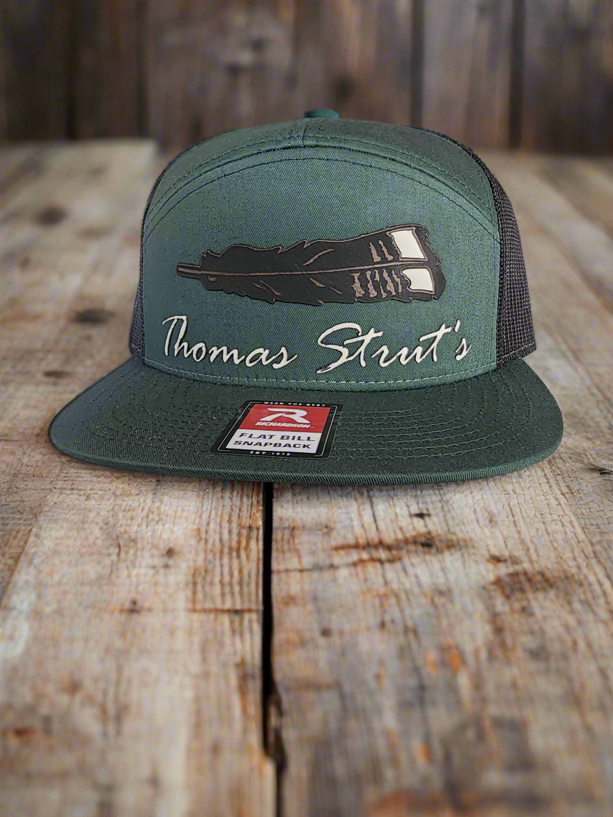 Men's Thomas Strut's Apparel Co. Turkey Script 7-Panel Trucker Hat-Green/Black