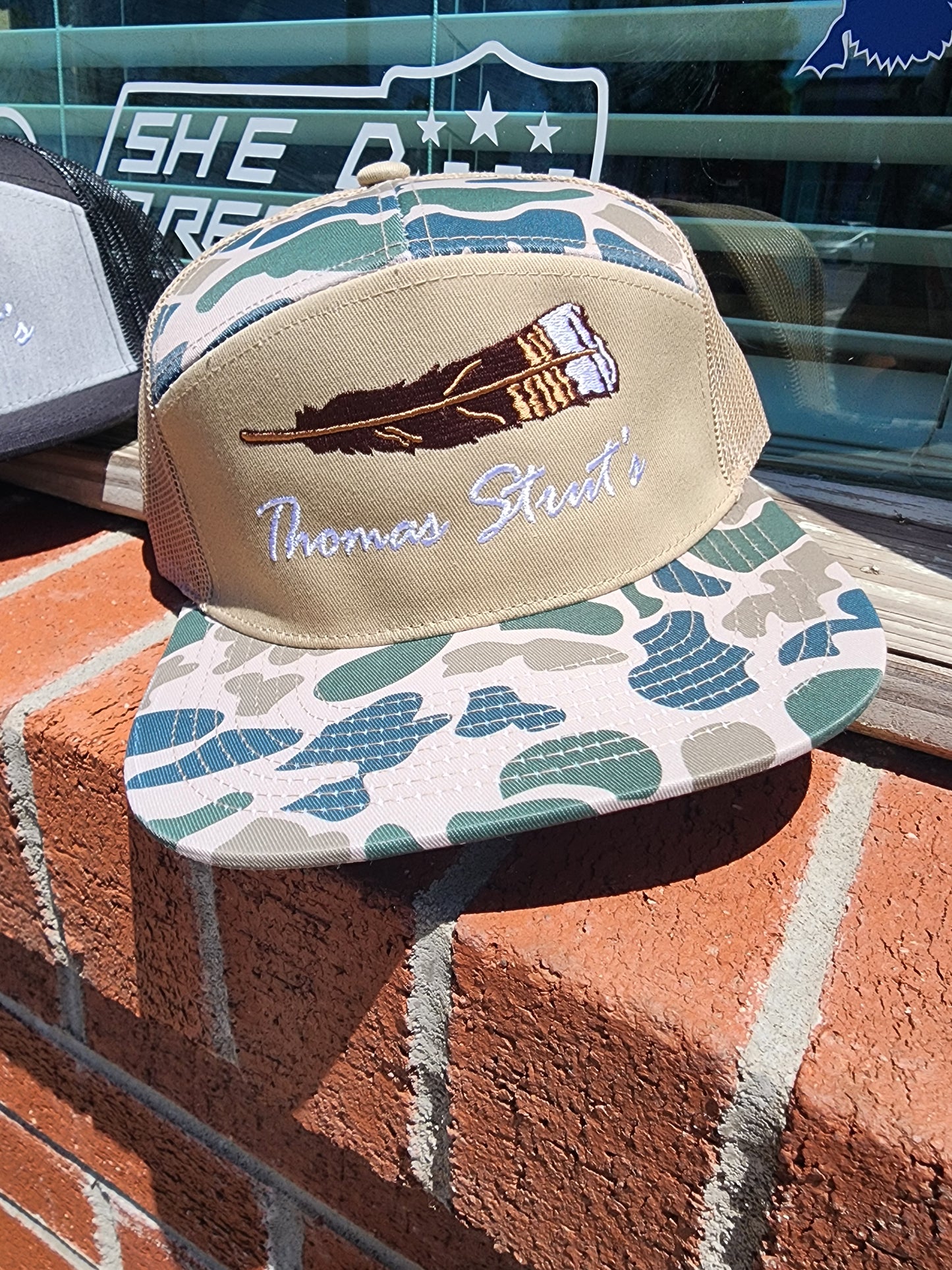 Men's Thomas Strut's Apparel Co. Full Script Feather 7-Panel Hi-Profile Trucker Hat-Khaki/Old School Camo